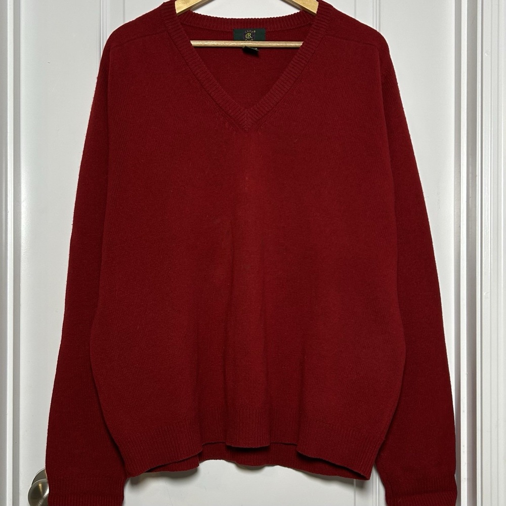 Club Room Vintage 90s 100% Lambswool Red V-Neck Ribbed Collar Knit Sweater